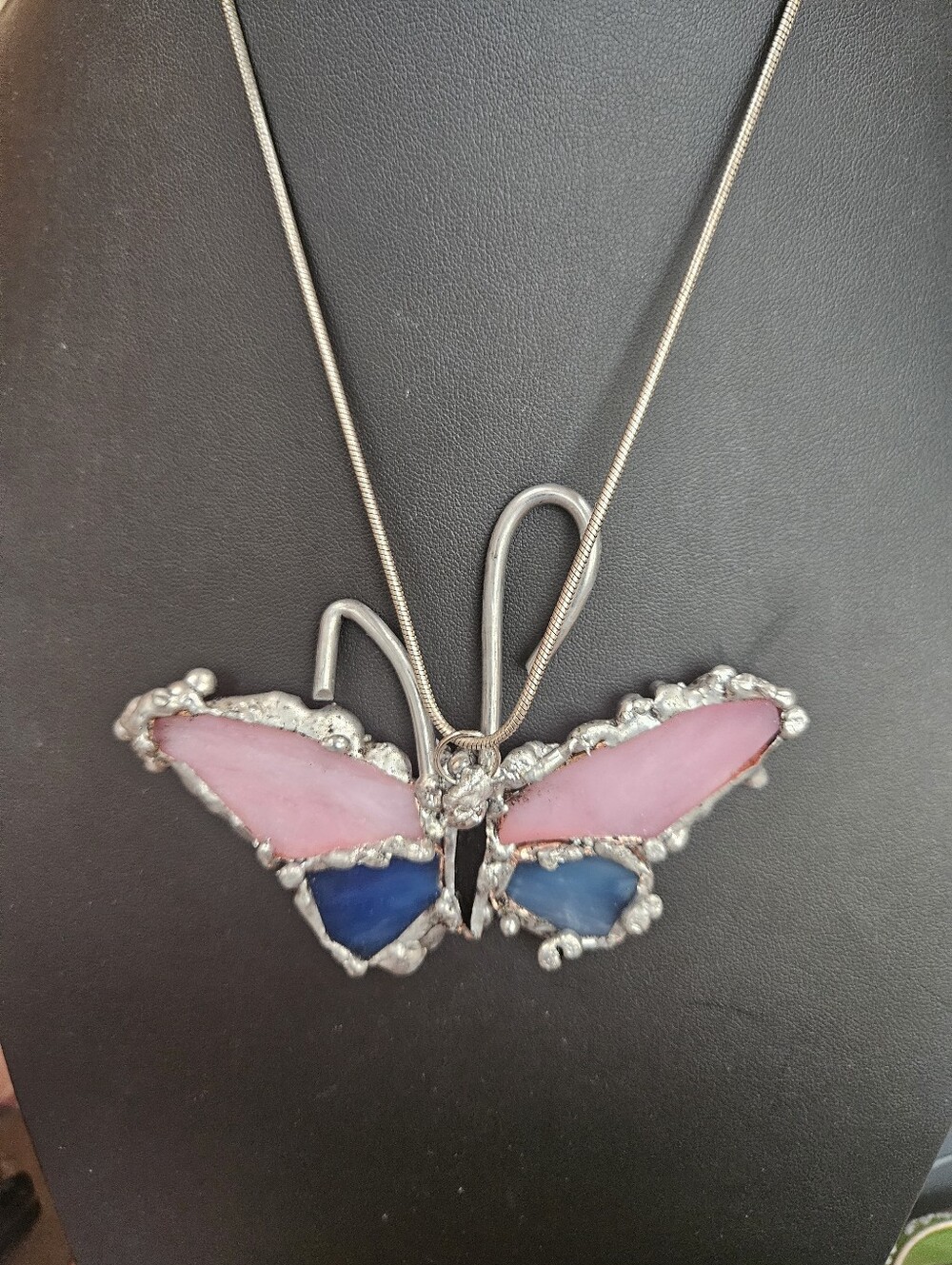 Pink and Blue Butterfly Pendant Necklace Or Suncatcher